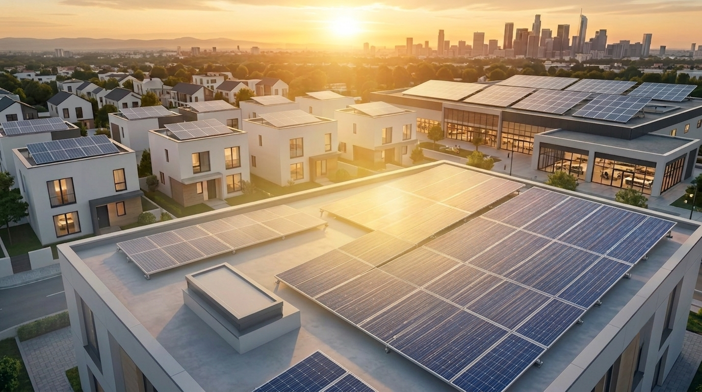 Rooftop solar panels at sunset over a city skyline